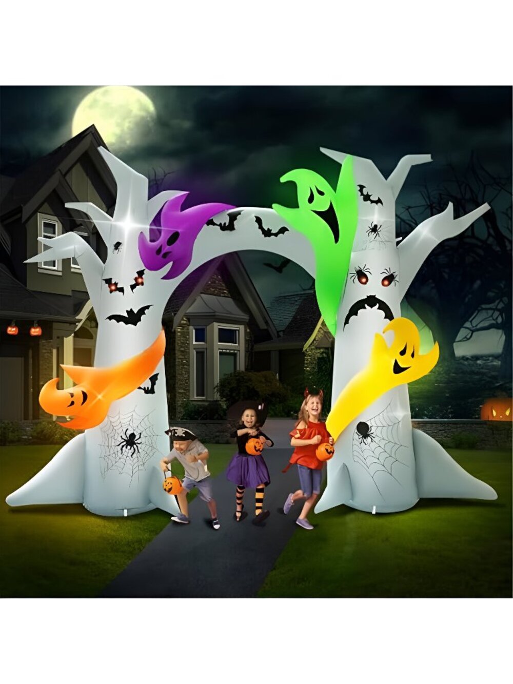 14FT Length X 10FT Tall Halloween Inflatable Tree Arch with 4 Colorful Ghosts,